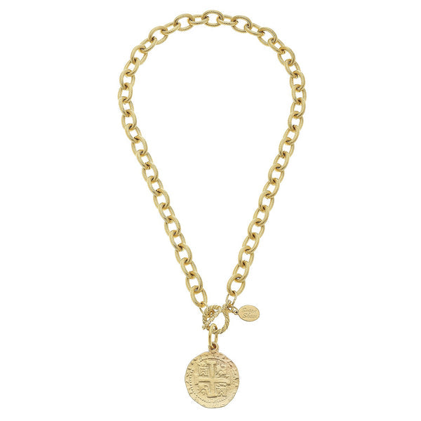 Gold Peruvian Coin Toggle Necklace with a textured link chain and a round coin pendant.