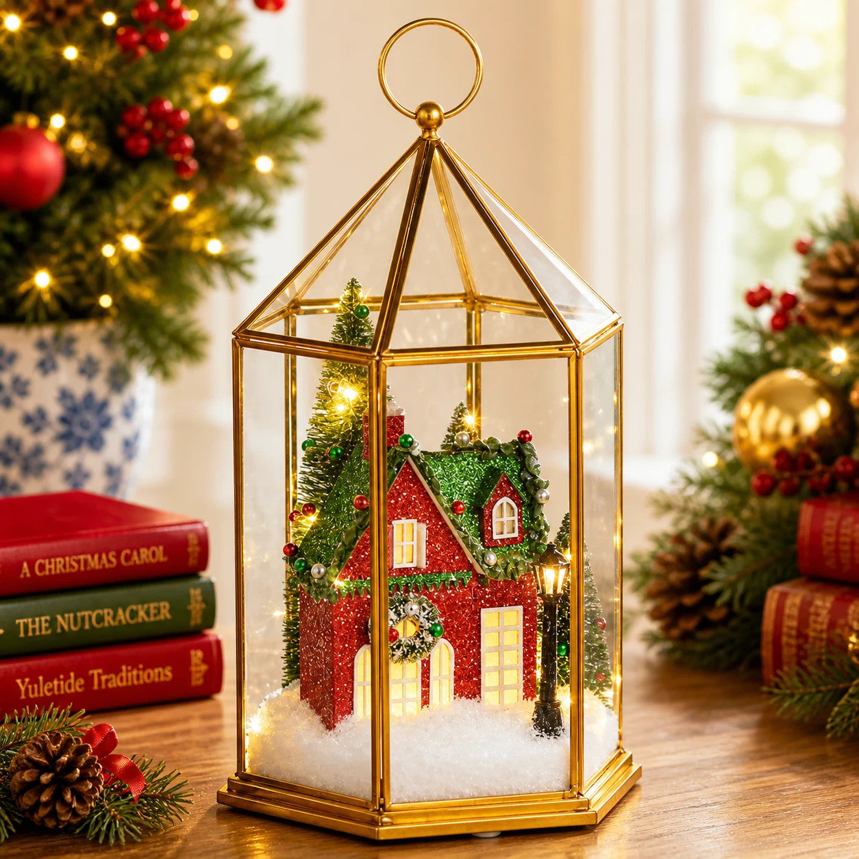 11.5-inch lighted Christmas house terrarium with a gold frame, miniature red house, and snow.