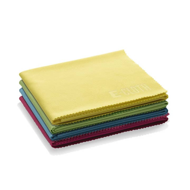 Four-pack of assorted colored glass polishing cloths measuring 16 by 20 inches each.