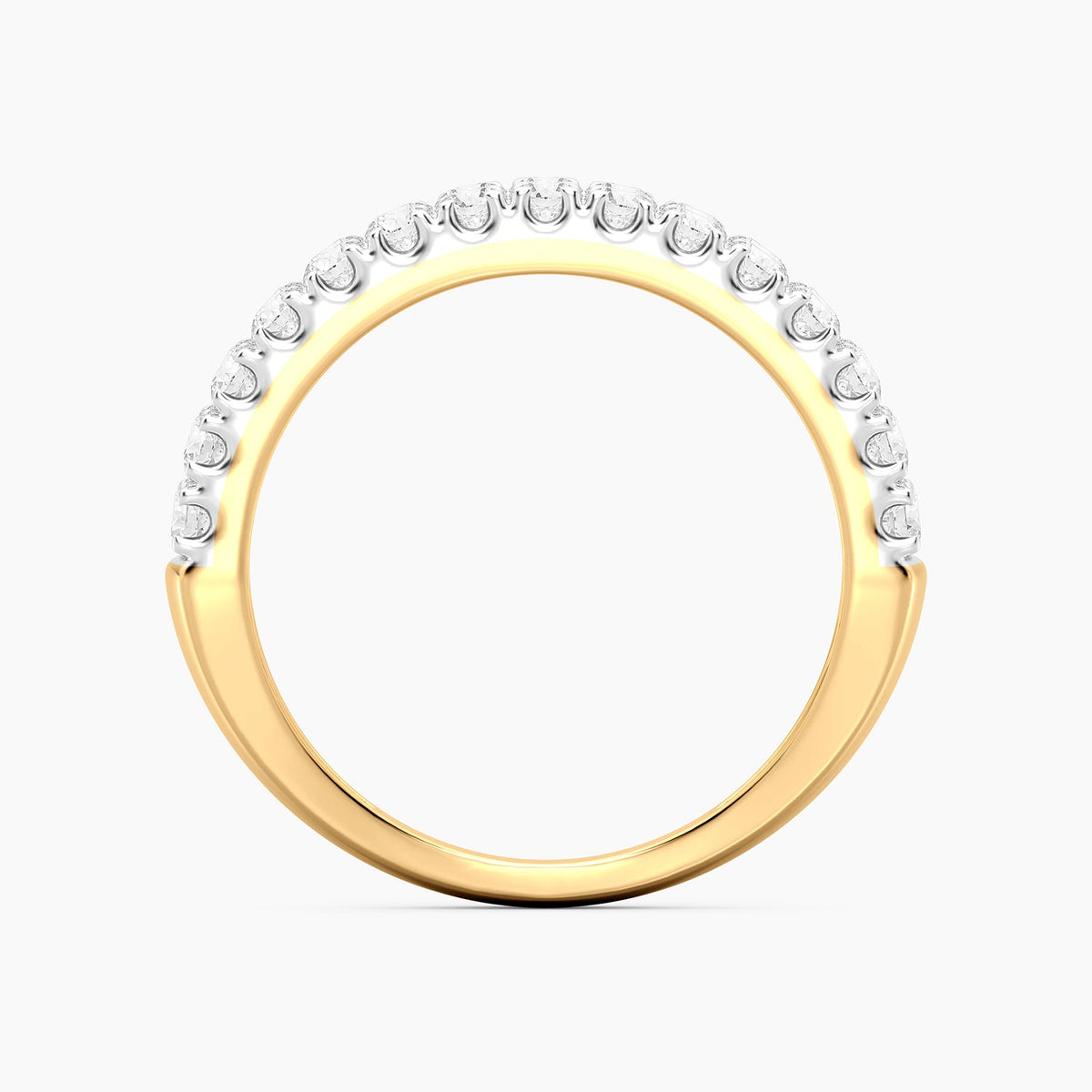 Lab-grown diamond band ring with a round brilliant center stone set in polished metal.