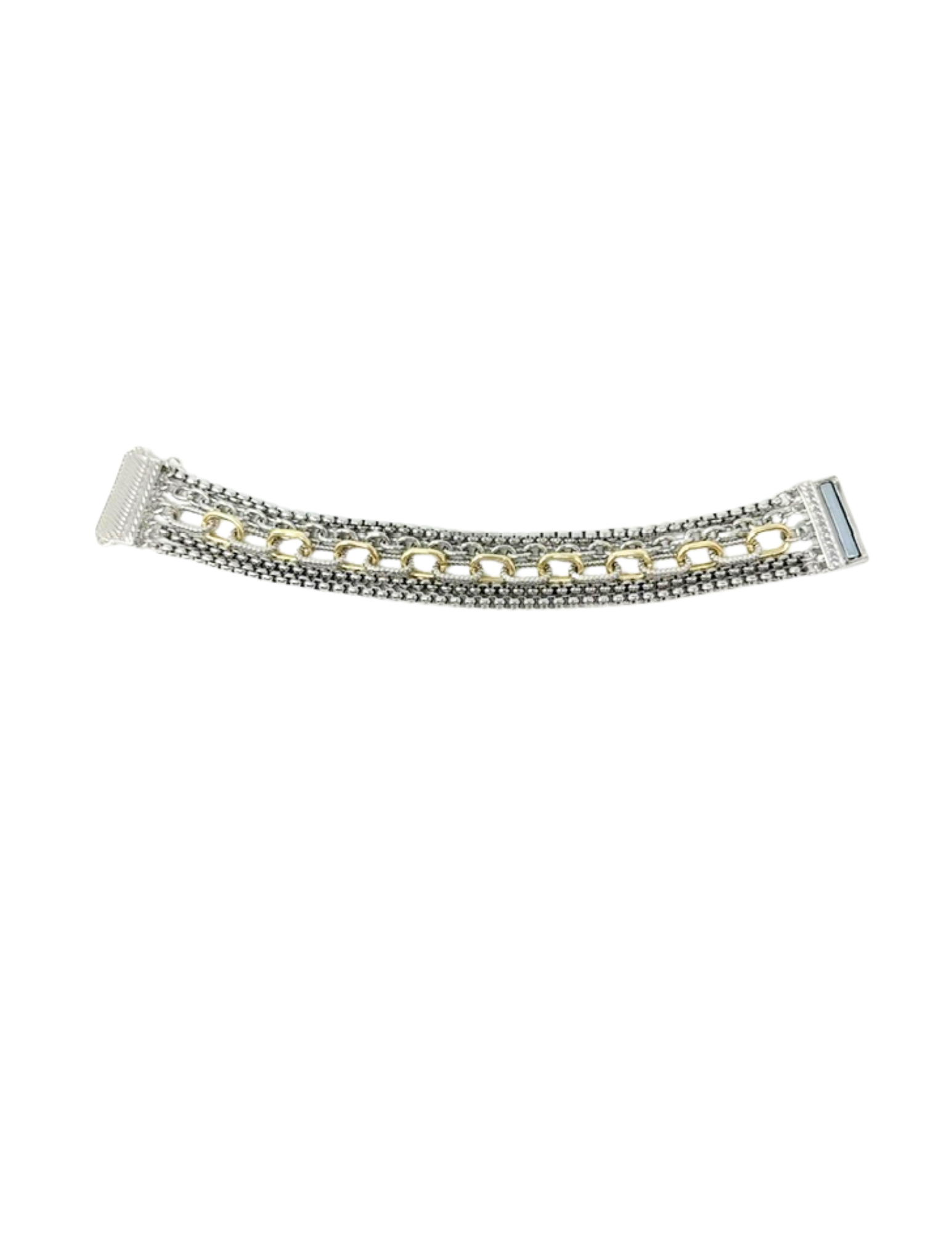 Multi-strand bracelet with silver box chains and a central gold-tone link chain.