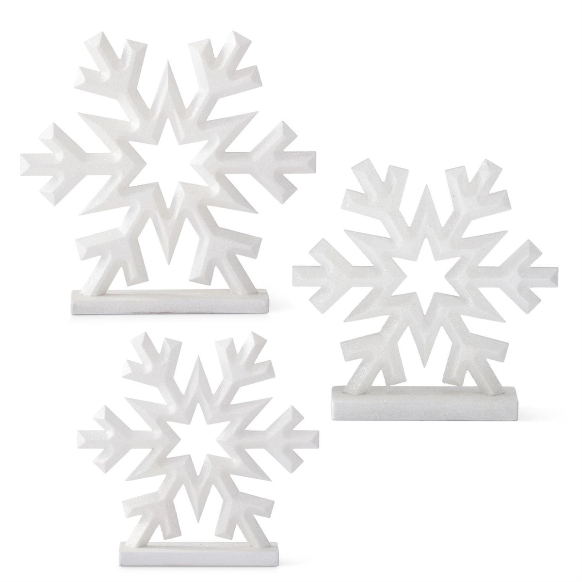 MDF snowflake ornament featuring a glittered white base with silver accents.