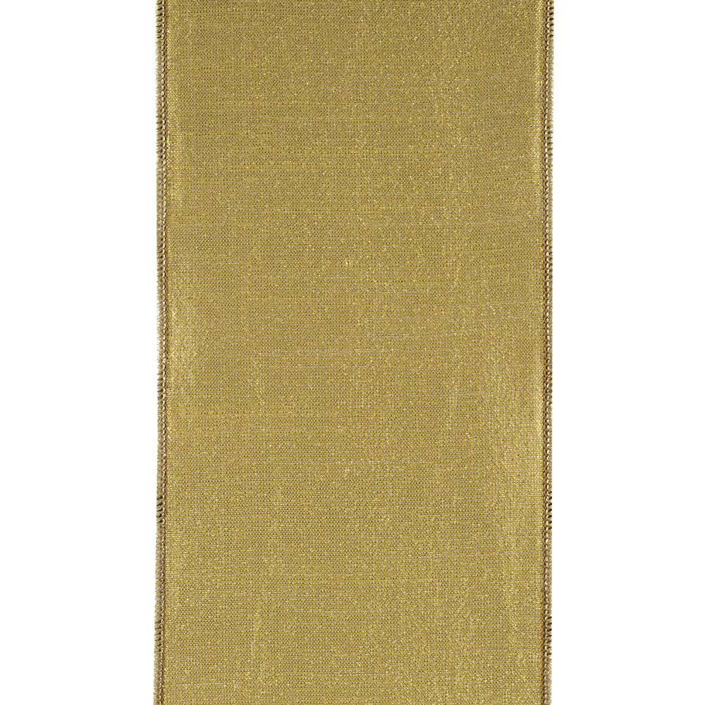 4 inch wide gold metallic wired edge ribbon with a textured shimmer finish.