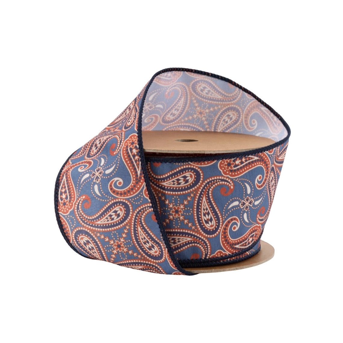 2 1/2 inch wired dupioni ribbon with a blue and orange paisley pattern on a spool.