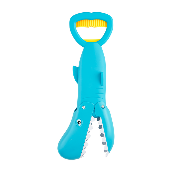 Plastic sand scoop with a long handle designed for beach play.