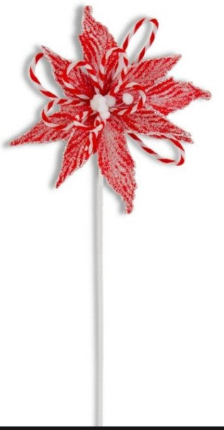24 inch snowy glittered red poinsettia pick with red and white striped accents on a white stem.