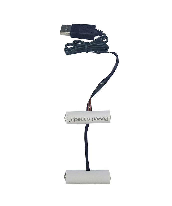 2-AA USB PowerConnect+ converter with a USB-A plug and two white battery-shaped power connectors.