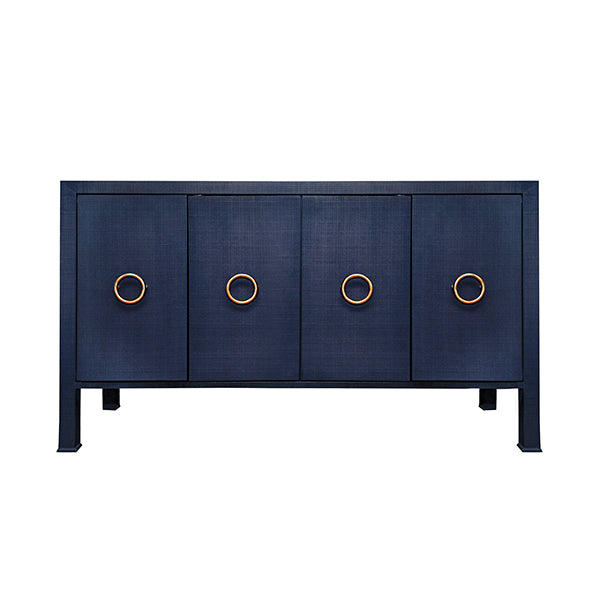 Navy blue cabinet with four doors and brass ring pulls, standing on dark legs.