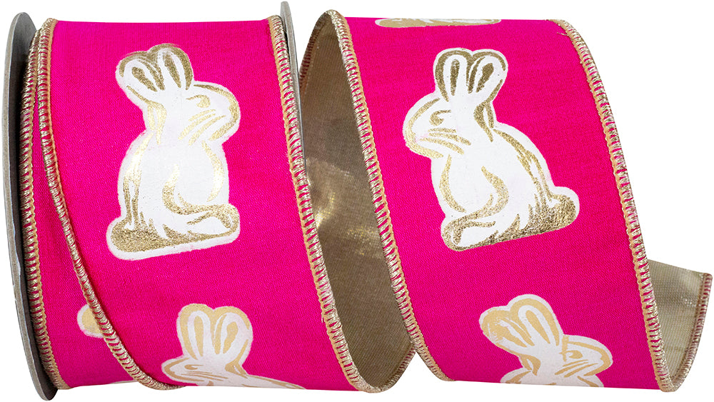 Hot pink wired edge ribbon with white and gold gilded bunny patterns and metallic backing.