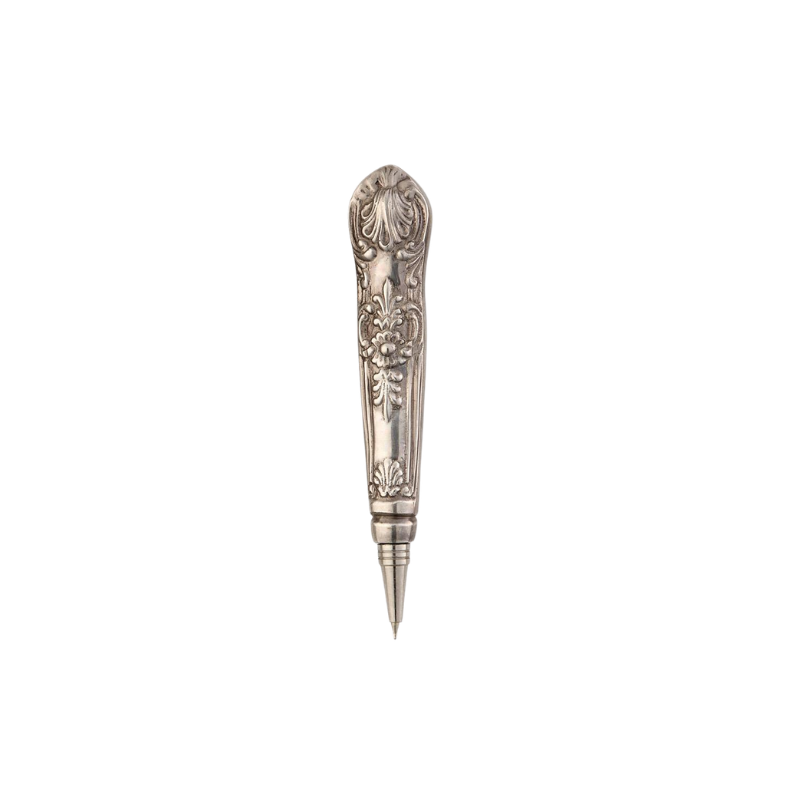 Victorian-style silver-plated brass pen with an ornate floral and shell pattern on the handle.