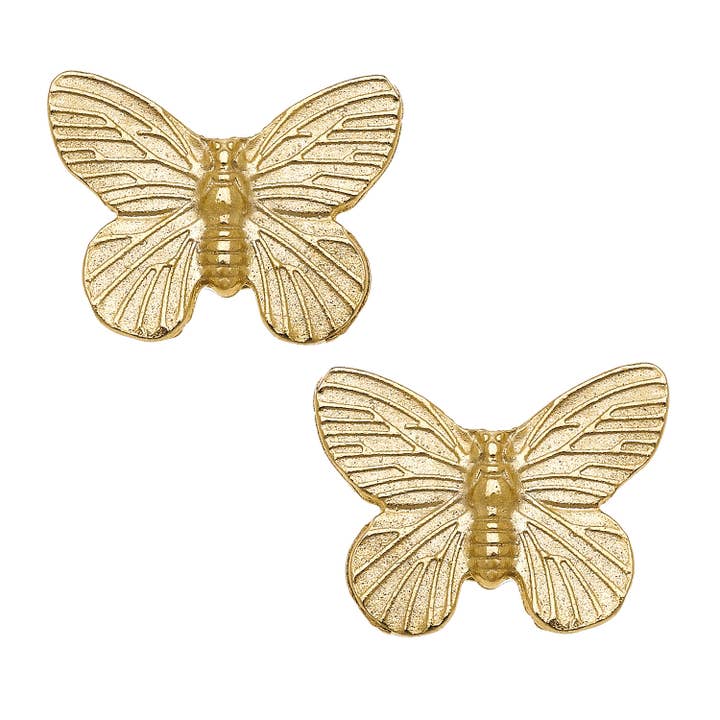 Pair of gold butterfly stud earrings with detailed wing patterns and a textured finish.