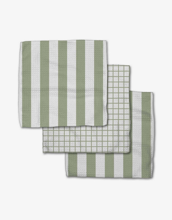 Set of three waffle weave dishcloths in recycled polyester with single-sided prints and hang loops.