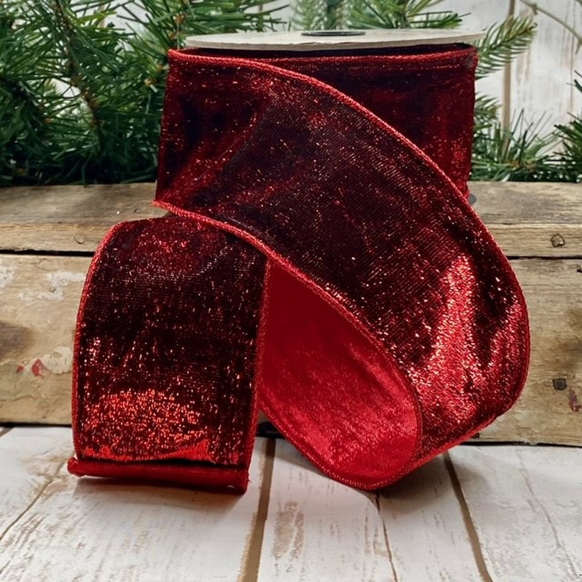 Red metallic velvet ribbon with a matching metallic back.