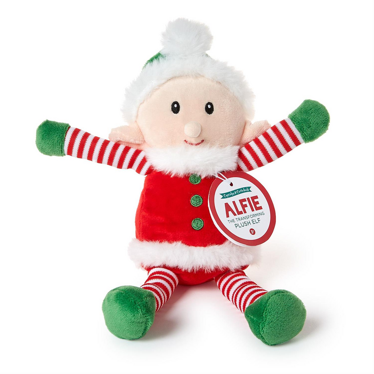 Alfie the Elf plush toy with red suit, green mittens, and red and white striped reversible limbs.