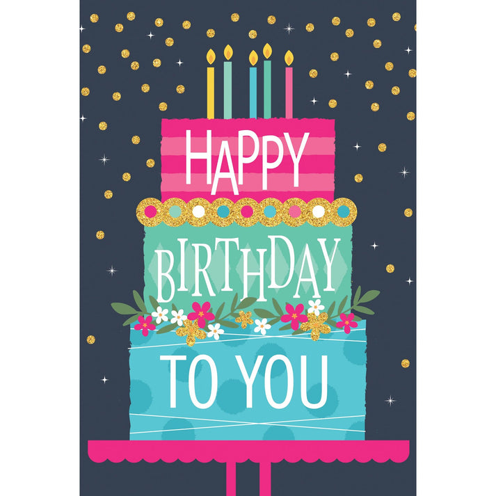 Neon foil embossed birthday card with a cake illustration