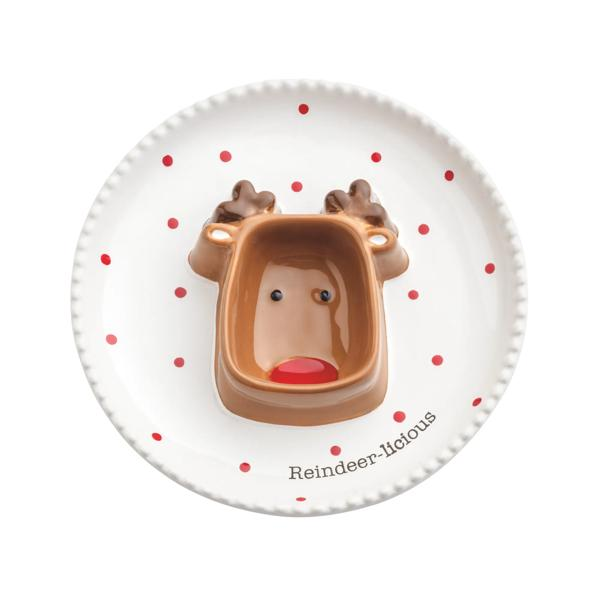 White ceramic sectioned Christmas dish with red polka dots and a raised reindeer-shaped center well.
