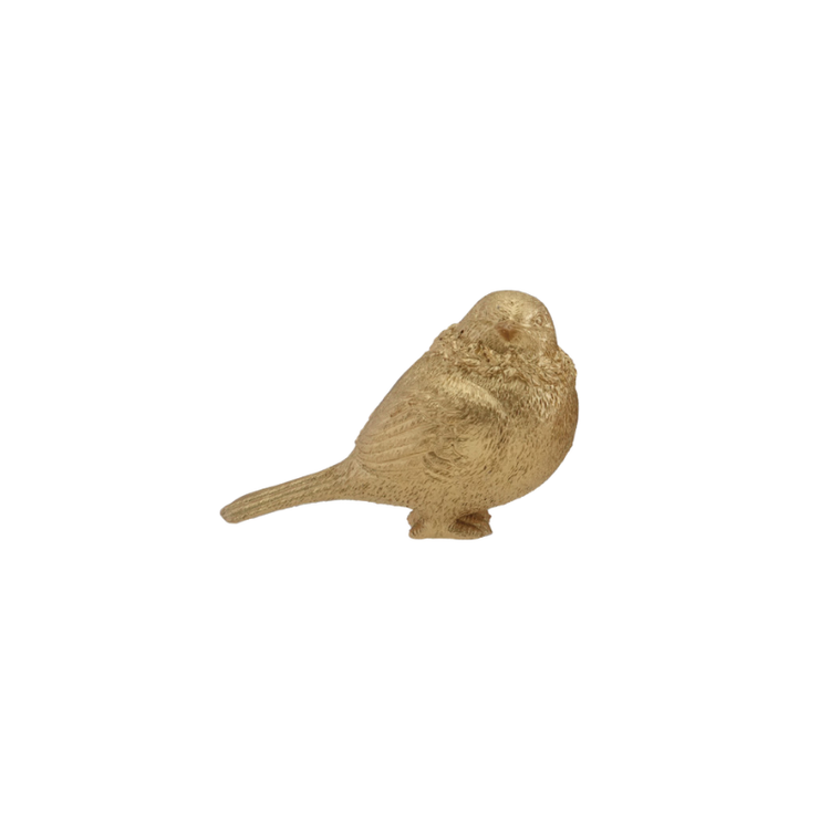 Small gold resin bird figurine with a textured artisan finish.