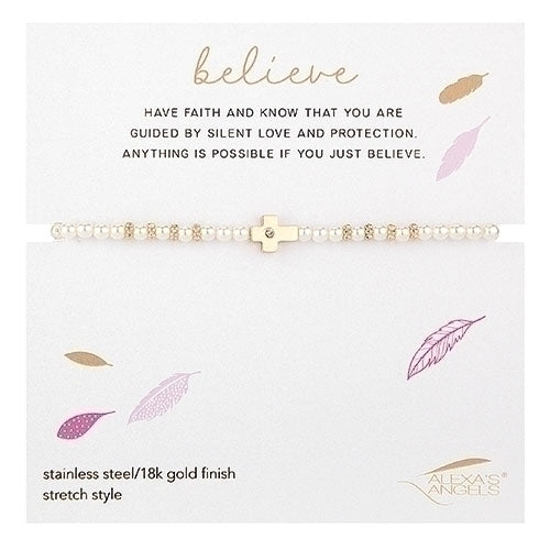6-inch stretch bracelet featuring a gold cross pendant with glass pearl colored beads on stainless steel.