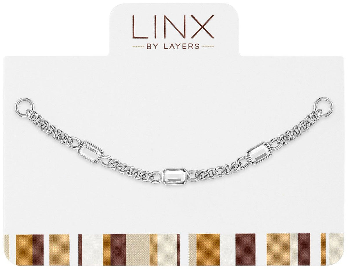 Silver chunky chain LINX add-on featuring three emerald-cut clear crystals on a white card.