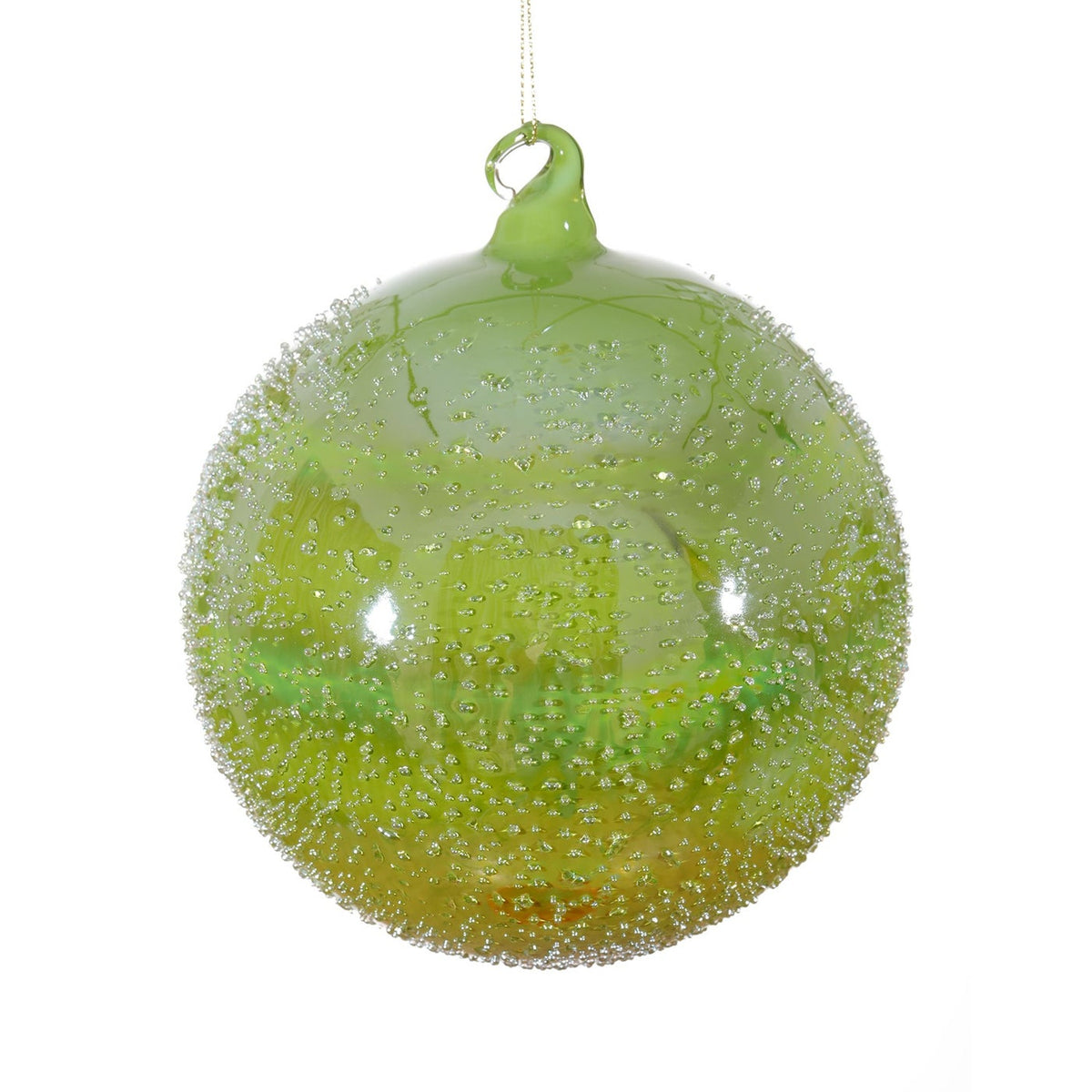 100mm green glass ball ornament with a textured surface of fine micro-beads.