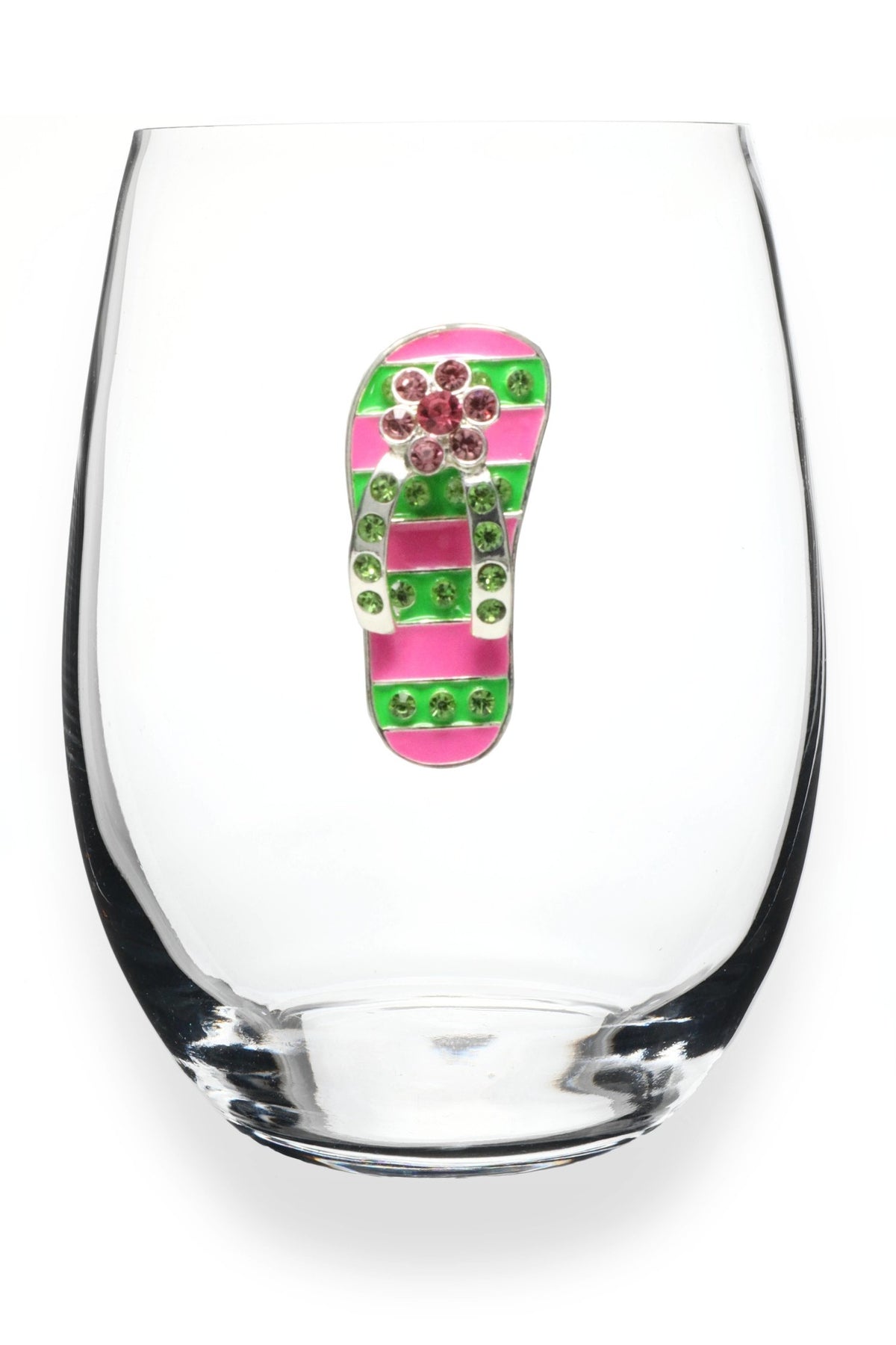 Handcrafted stemless wine glass with jeweled embellishments around the rim in clear crystal.