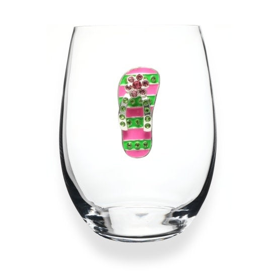 Handcrafted stemless wine glass with jeweled embellishments around the rim in clear crystal.