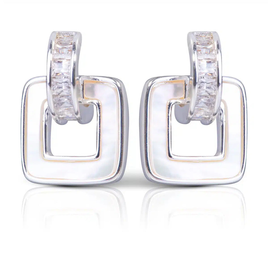 Square silver-tone earrings with white mother of pearl inlay and cubic zirconia-studded hoops.