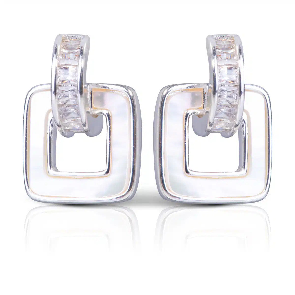Square silver-tone earrings with white mother of pearl inlay and cubic zirconia-studded hoops.