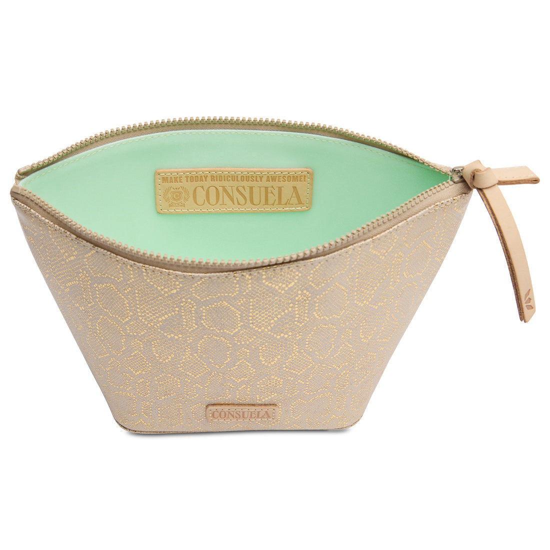 Leah large tool kit with metallic exterior, vinyl interior, natural leather zipper pull and logo accent.