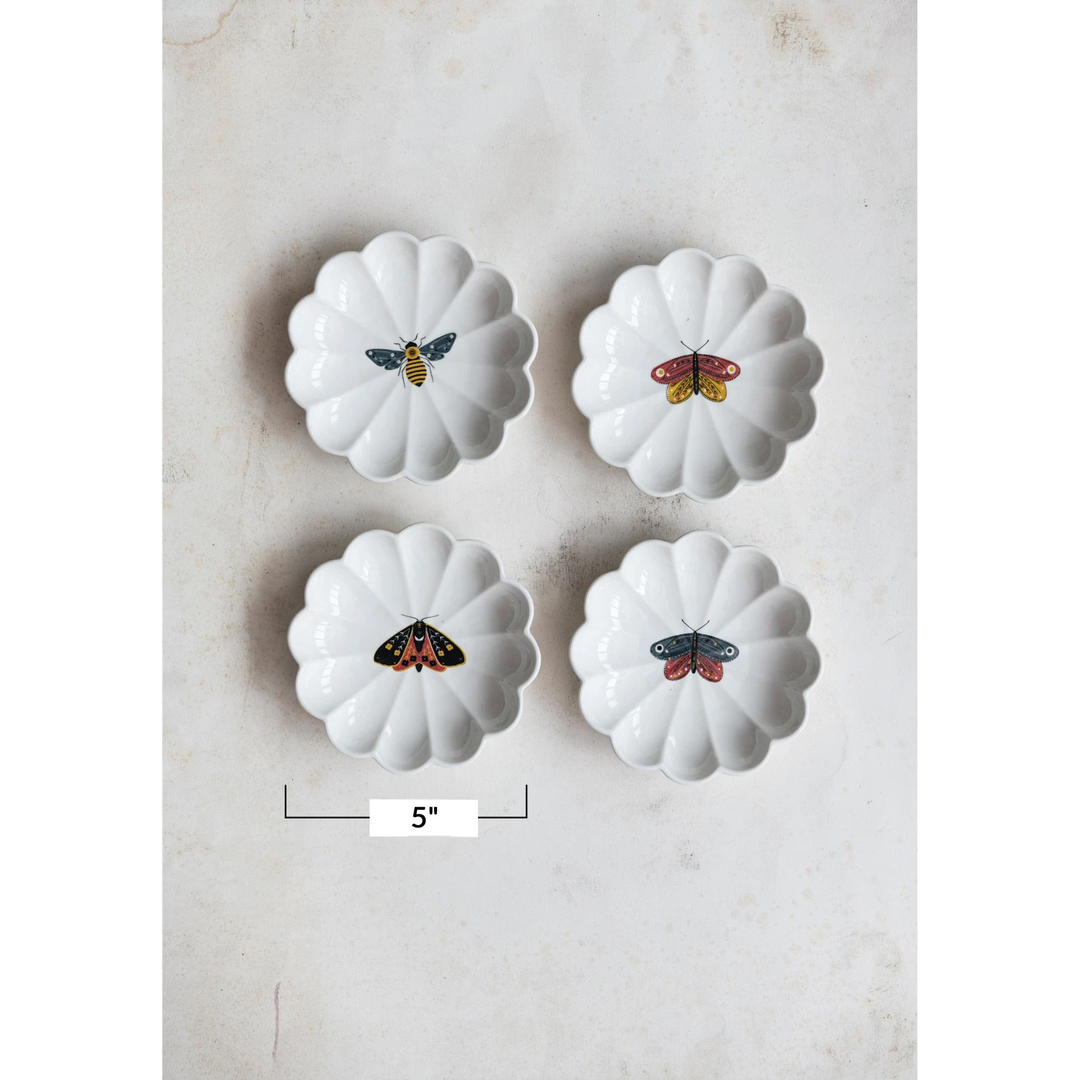 Round Stoneware Scalloped Dish with Insect