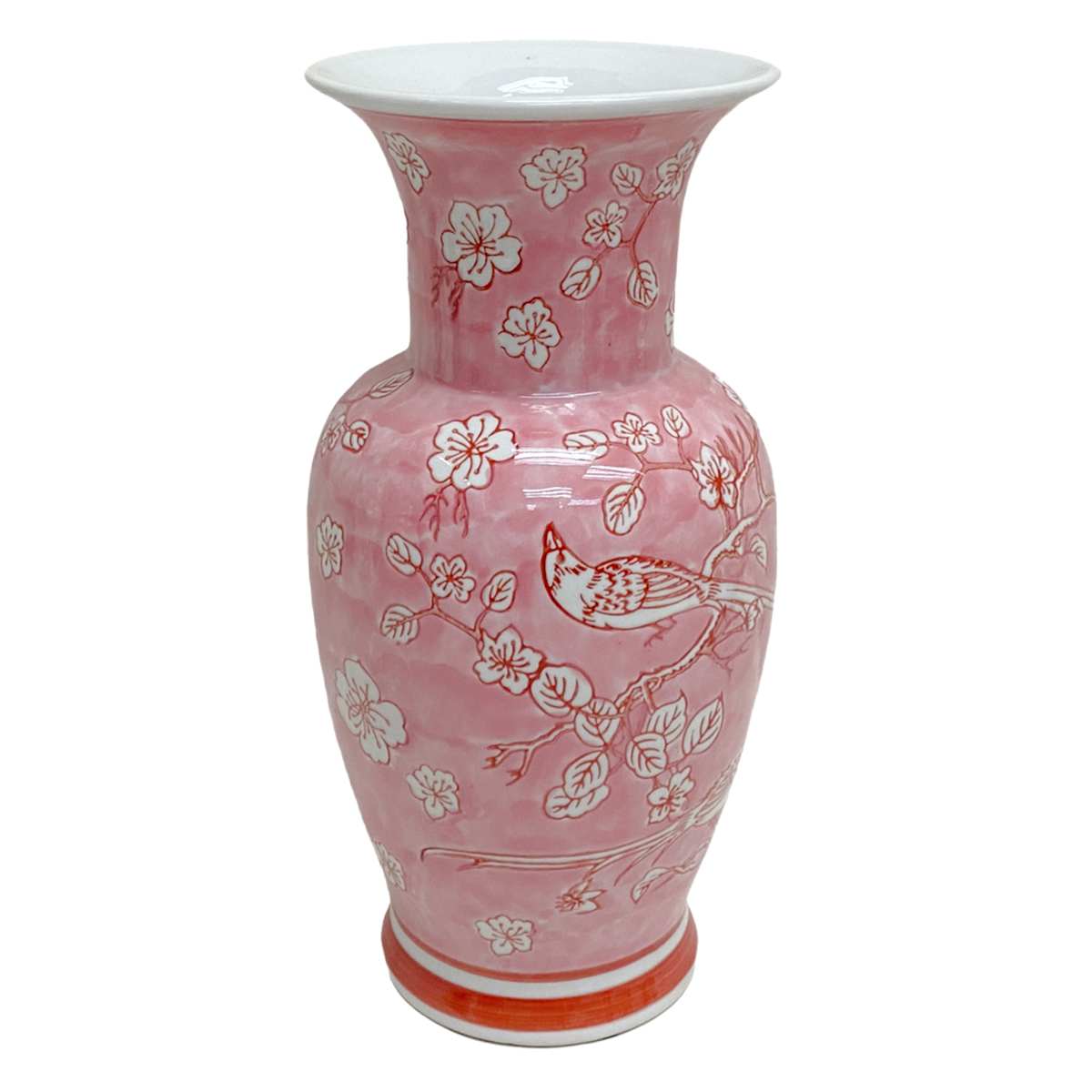 Hand-painted pink porcelain vase with Chinoiserie floral patterns on a white background.