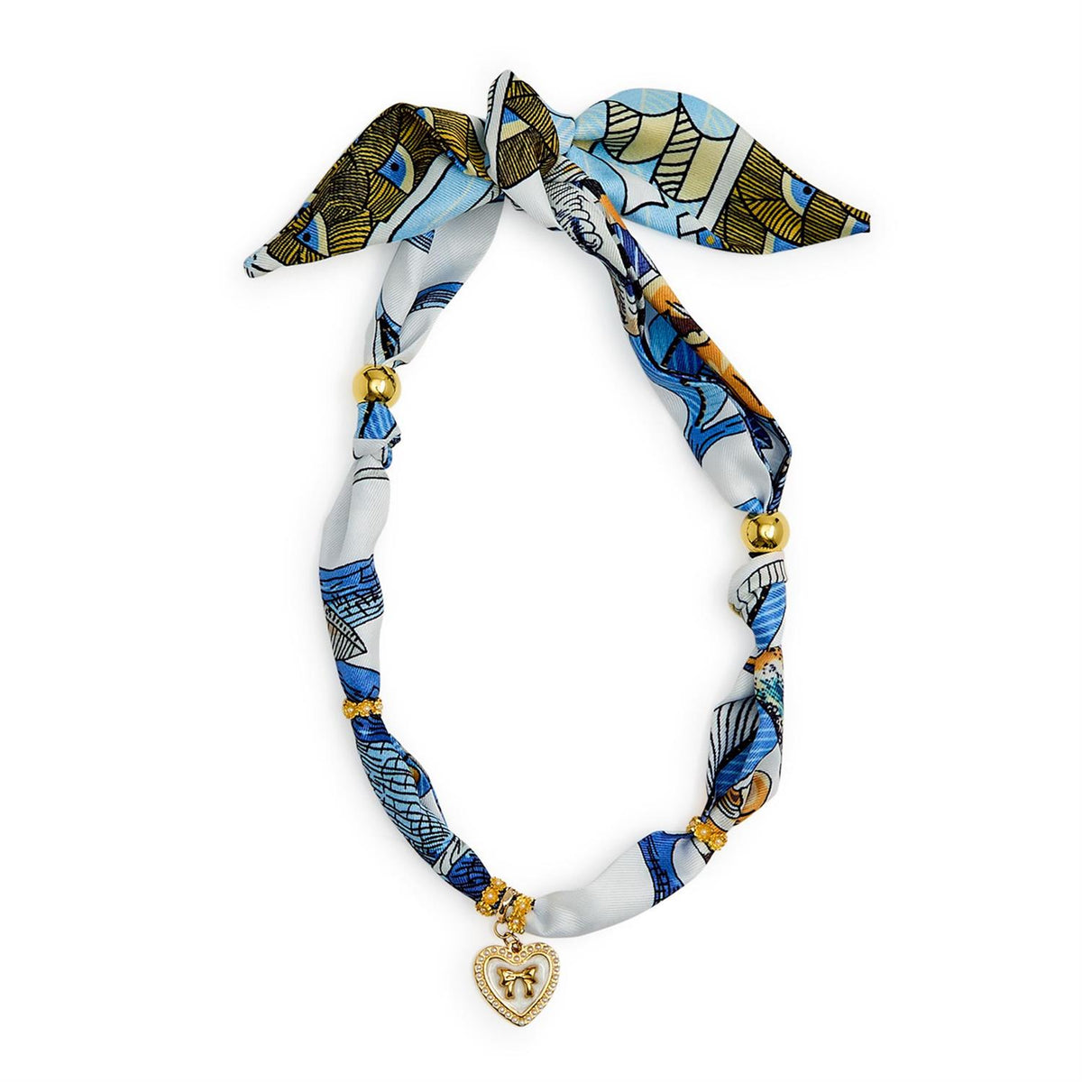 Adjustable scarf necklace with a heart-shaped pendant and gold beads, featuring a blue and gold abstract pattern.