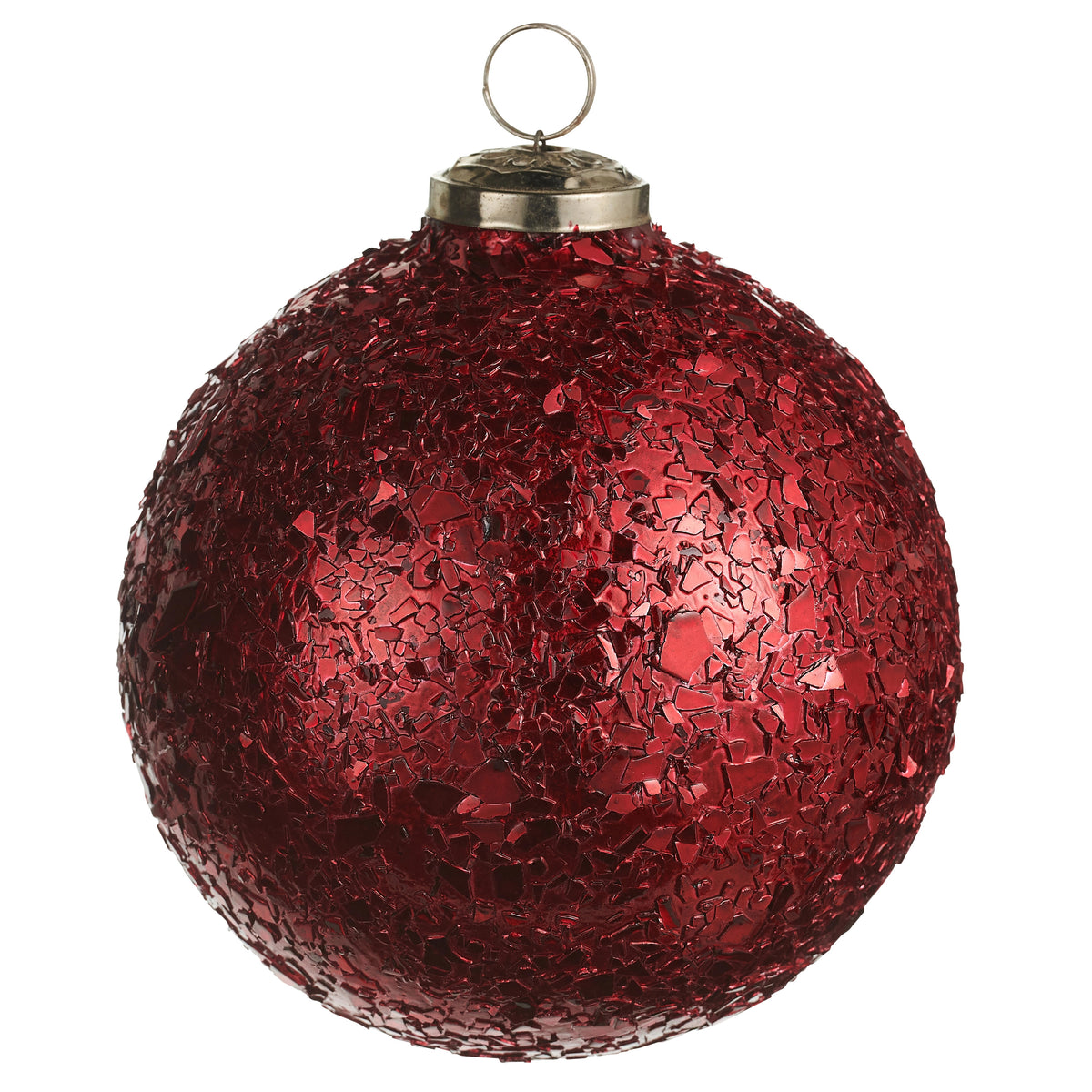 Red chunky glittered glass ball ornament with a silver cap and hanging loop.