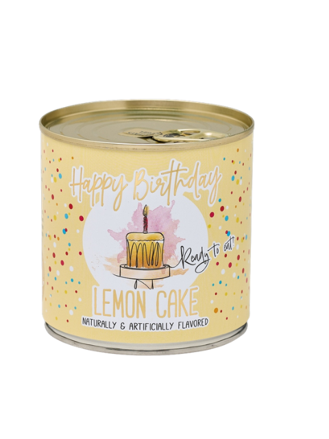 Cancake lemon cake in a yellow tin with a Happy Birthday design and a pull-tab lid.