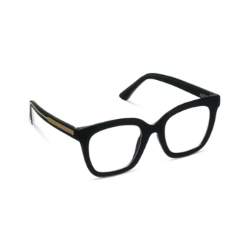 Fanfare Progressives black square-frame glasses with gold temple accents.