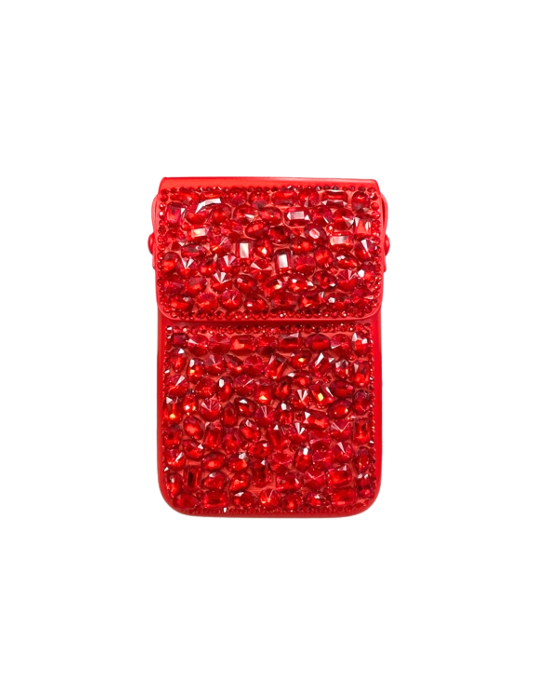 A rectangular red crossbody bag completely covered in sparkling red rhinestones.