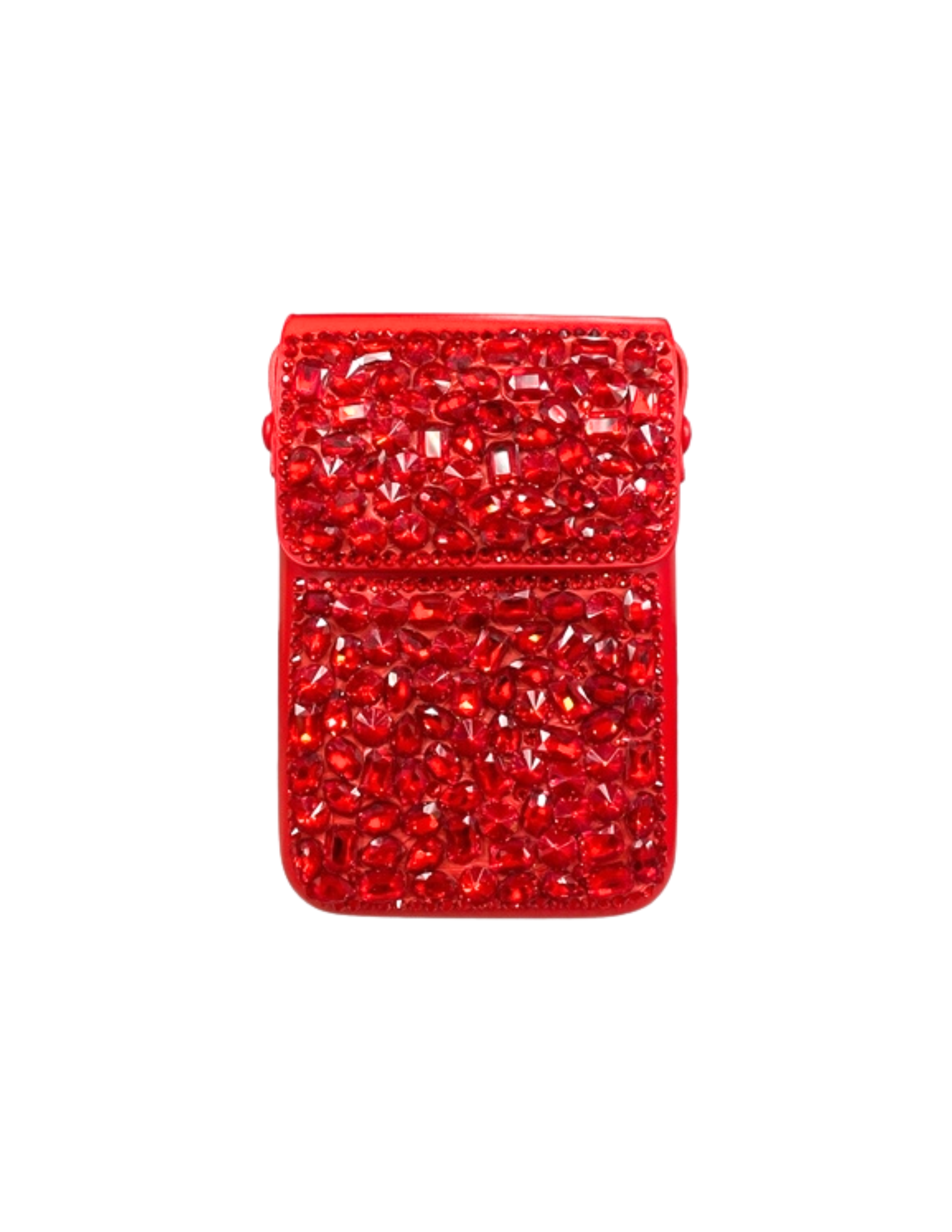 A rectangular red crossbody bag completely covered in sparkling red rhinestones.