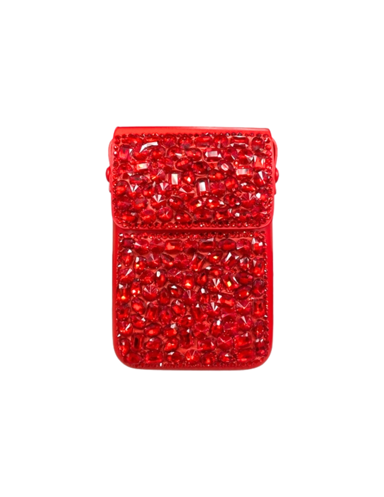 A rectangular red crossbody bag completely covered in sparkling red rhinestones.