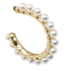 Medium gold tone hoop earrings featuring a white pearl center with light weight pierced silhouette.