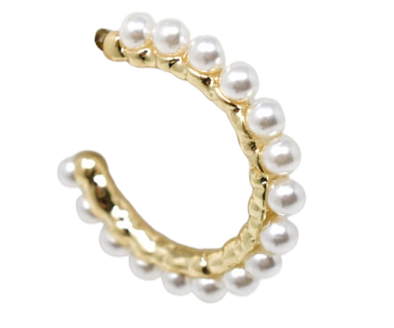 Elegant gold tone hoop earring lined with small white pearls, 1.5 inch diameter.