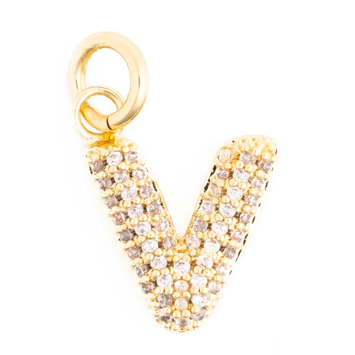 Gold letter V charm pendant with pavé-set clear crystals and a circular bail.