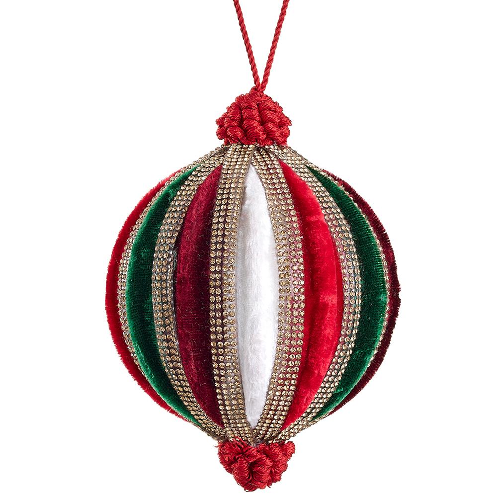 4-inch red and green velvet ball ornament with vertical diamond-beaded stripes and a red cord loop.
