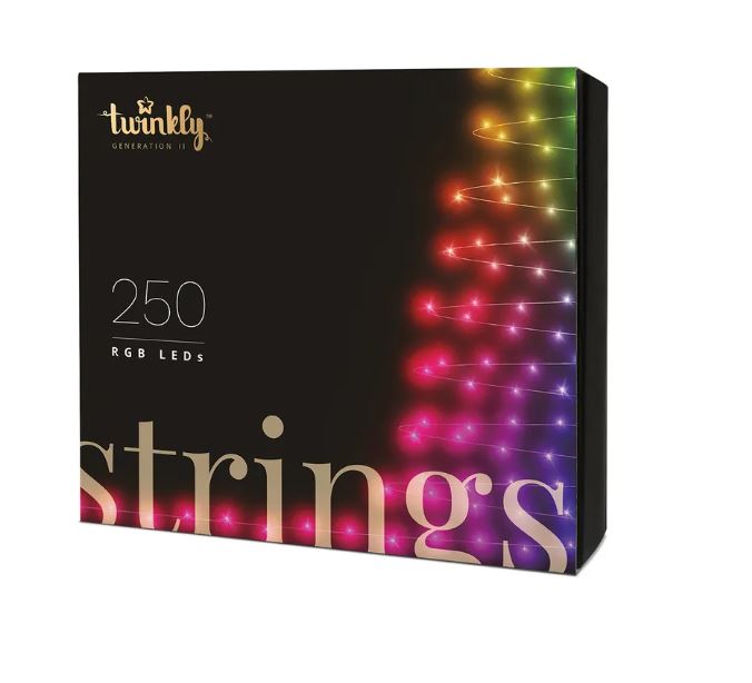 Twinkly Generation II 250 RGB LED Strings light set box with colorful lights on a black background.