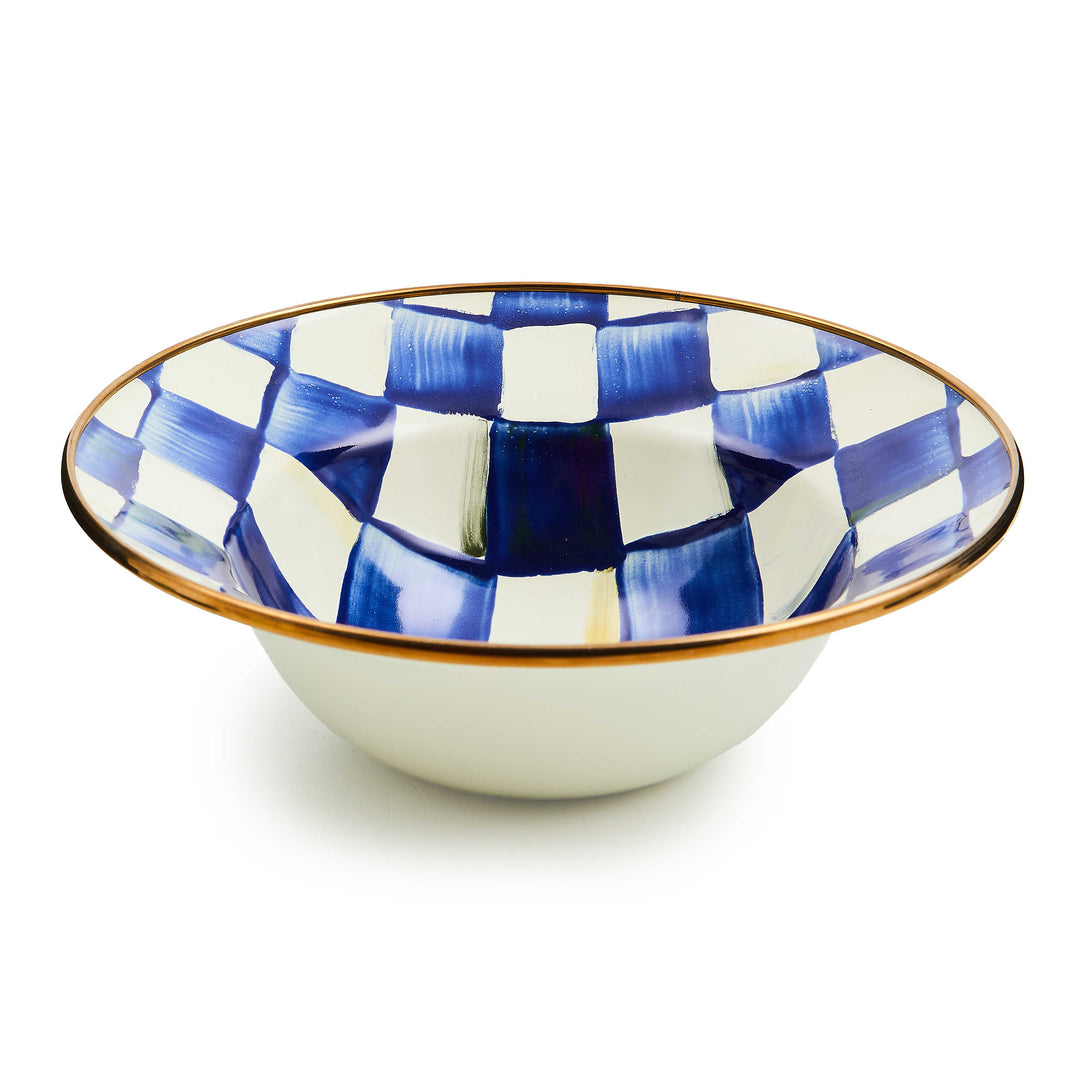 Royal Check Breakfast Bowl with hand-painted blue and white checks and a bronzed stainless steel rim