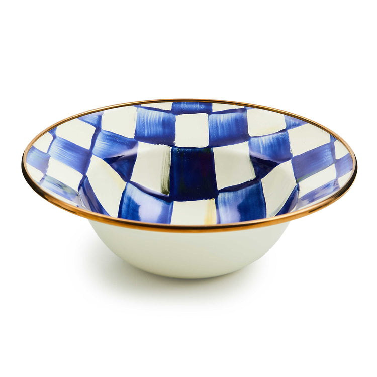 Royal Check Breakfast Bowl with hand-painted blue and white checks and a bronzed stainless steel rim