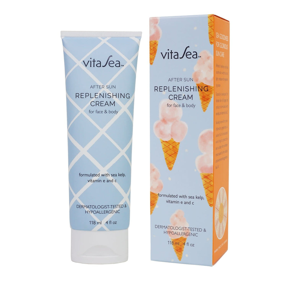 Aftersun cream box featuring sea kelp, Vitamin E & C to replenish moisture and prolong tan.