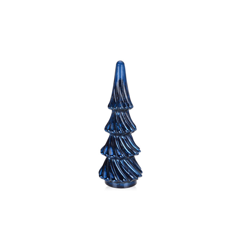 Blue four-tiered wavy Christmas tree with shimmering ruffled design