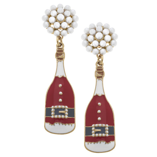Red pearl cluster enamel earrings with white accents on a champagne bottle base.