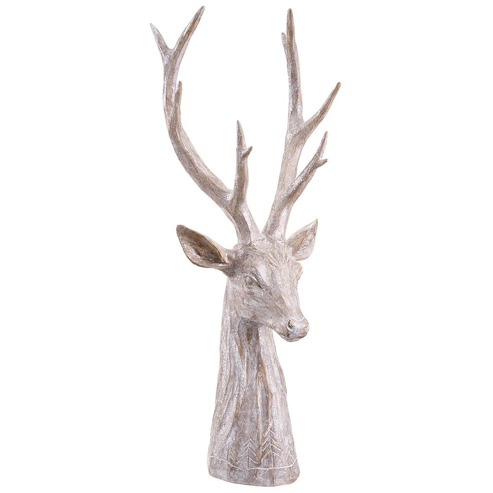 18.5-inch whitewashed resin reindeer head tabletop decoration with carved forest details.