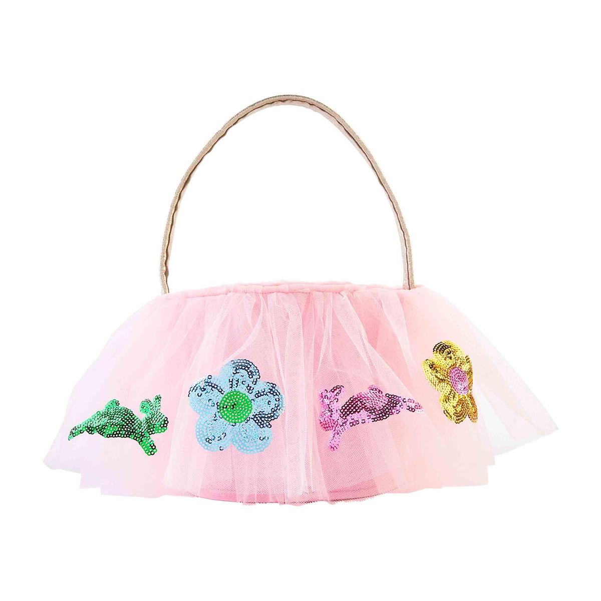Pink tulle Easter basket with sequined flower and bunny appliques and a gold handle.